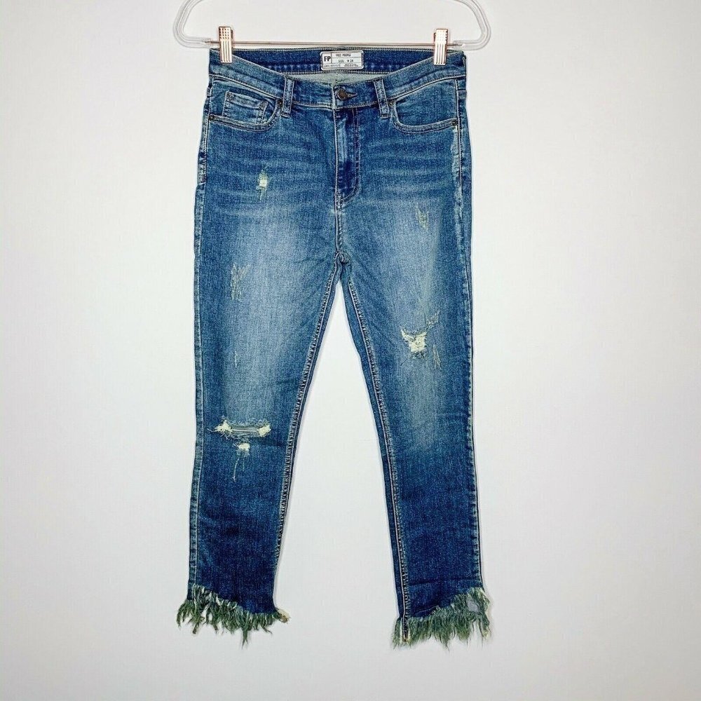 FREE PEOPLE Jeans Women 28 Great Heights Skinny Frayed Hem Regular Wash Distress